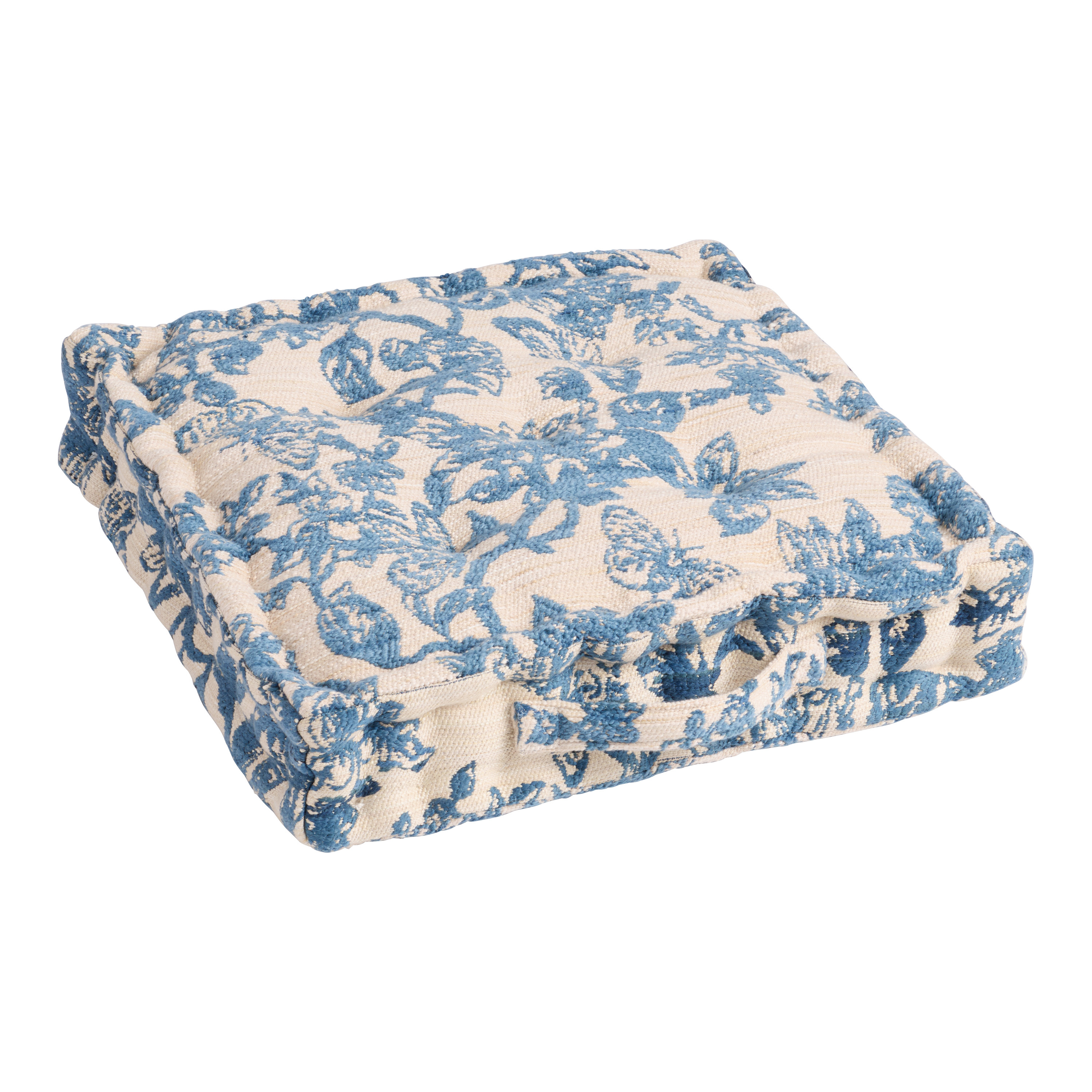 Square Cream and Blue Jacquard Floral Tufted Floor Cushion | World Market