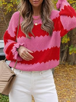 Saodimallsu Womens Striped Sweaters Color Block Ruffle Sleeve Pullover Tops | Amazon (US)