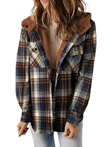 Dokotoo Hooded Shacket Jacket Women Fashion Plaid Flannel Shirts Fleece Lined Long Sleeve Button Up Jackets Sherpa Fuzzy Thick Coats Vintage 2026 Fall Warm Winter Clothing for Women Outwear Blue XXL | Amazon (US)