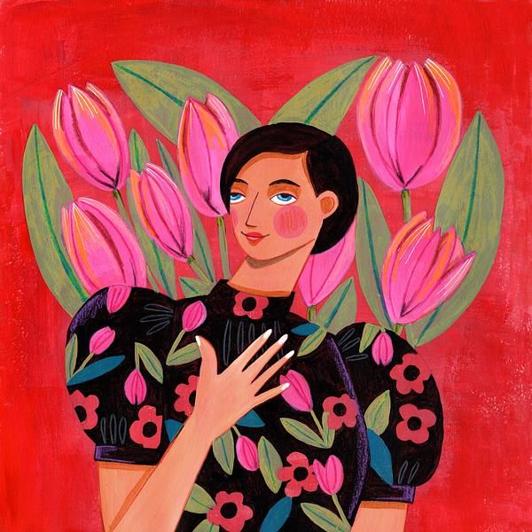 Portrait woman with tulips on red background | Artfully Walls