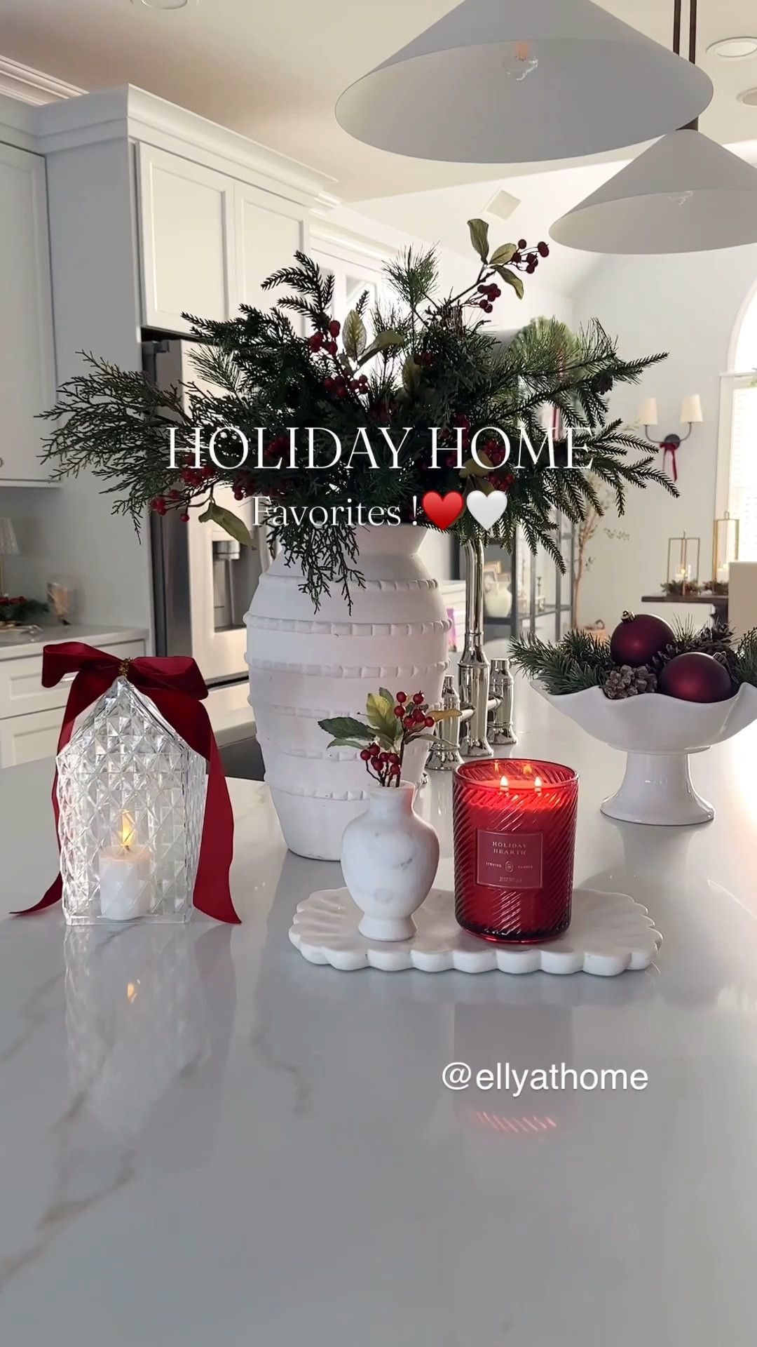 Holiday, Christmas styling with some of my favorite things!🌲♥️🤍 Shop candles, scallop marble tray, marble vase, best selling ruffle bowl, greenery, crystal houses, touch light, flameless candle, gold hurricane, tall vases, pendant lights, velvet bows, sconces, black display cabinet and more! Pottery Barn, target, Anthropologie, crate & Barrel, Amazon home. Free shipping. 

#LTKSaleAlert #LTKHome #LTKHoliday