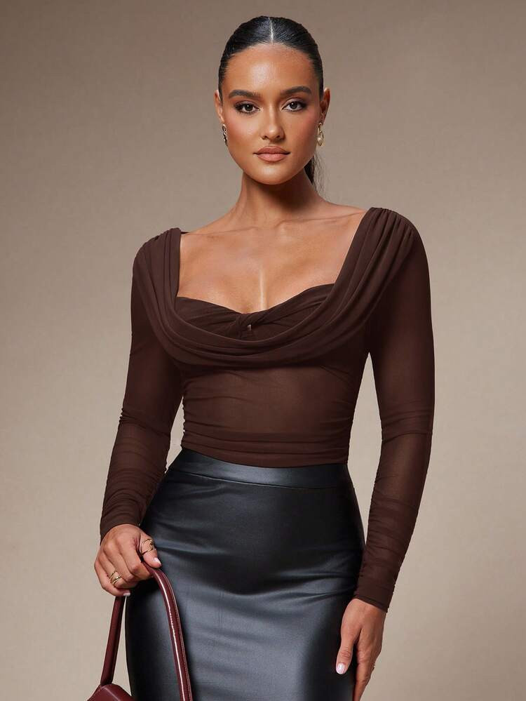 Silquee Women's Scoop Neck Solid Color Fashionable Long Sleeve Top,Brown Top | SHEIN