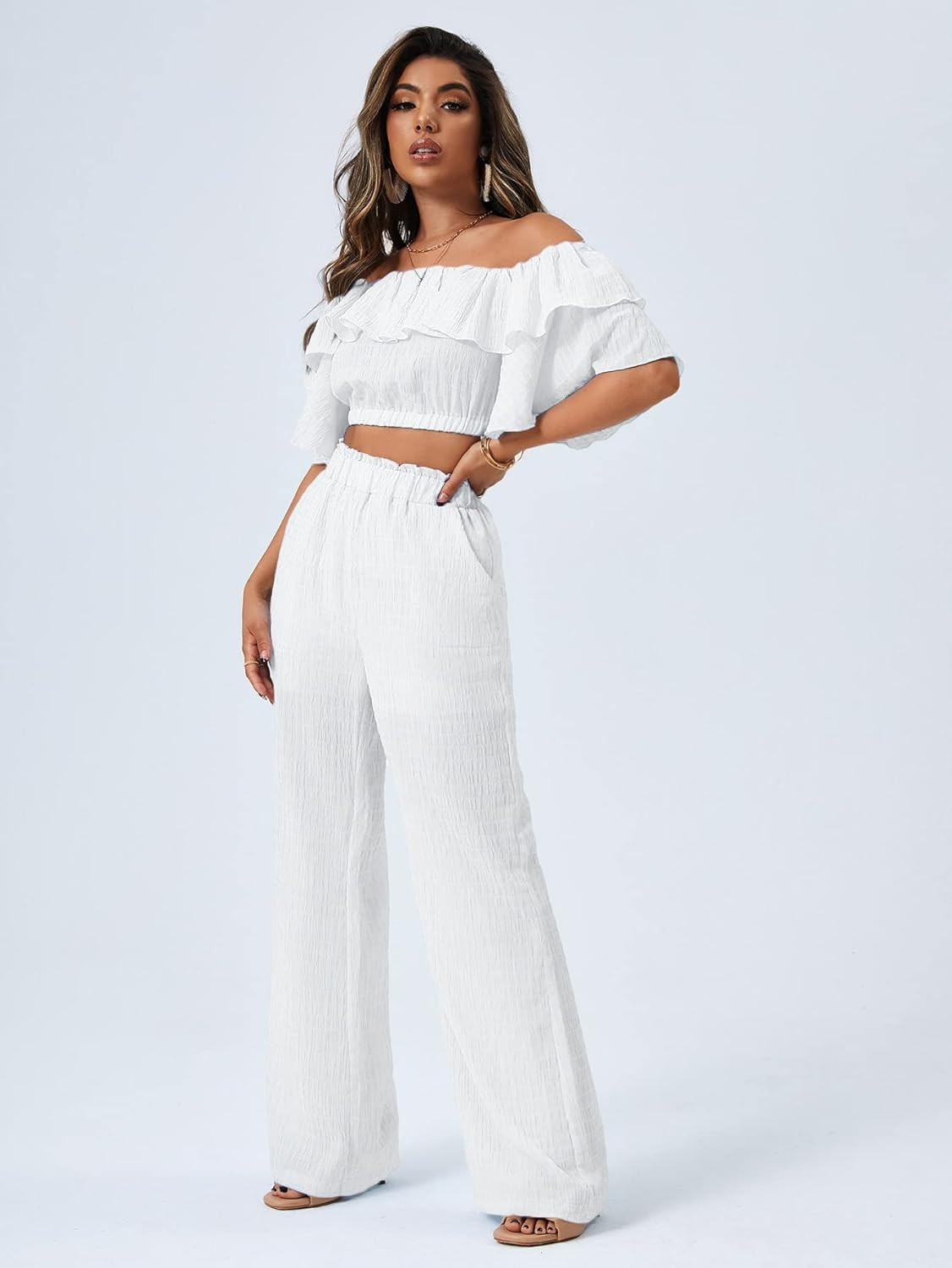 Romwe Women's 2 Piece Outfit Off The Shoulder Crop Top Wide Leg Pants Set | Amazon (US)