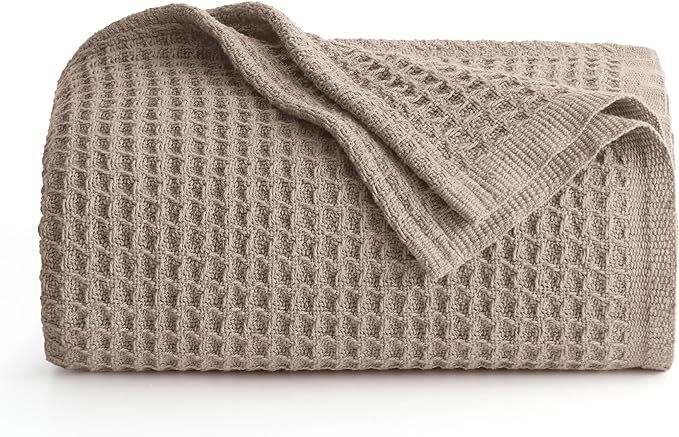 Bedsure 100% Cotton Large Throw Blankets for Couch - Waffle Weave Tan/Taupe Throw Blankets for Be... | Amazon (US)