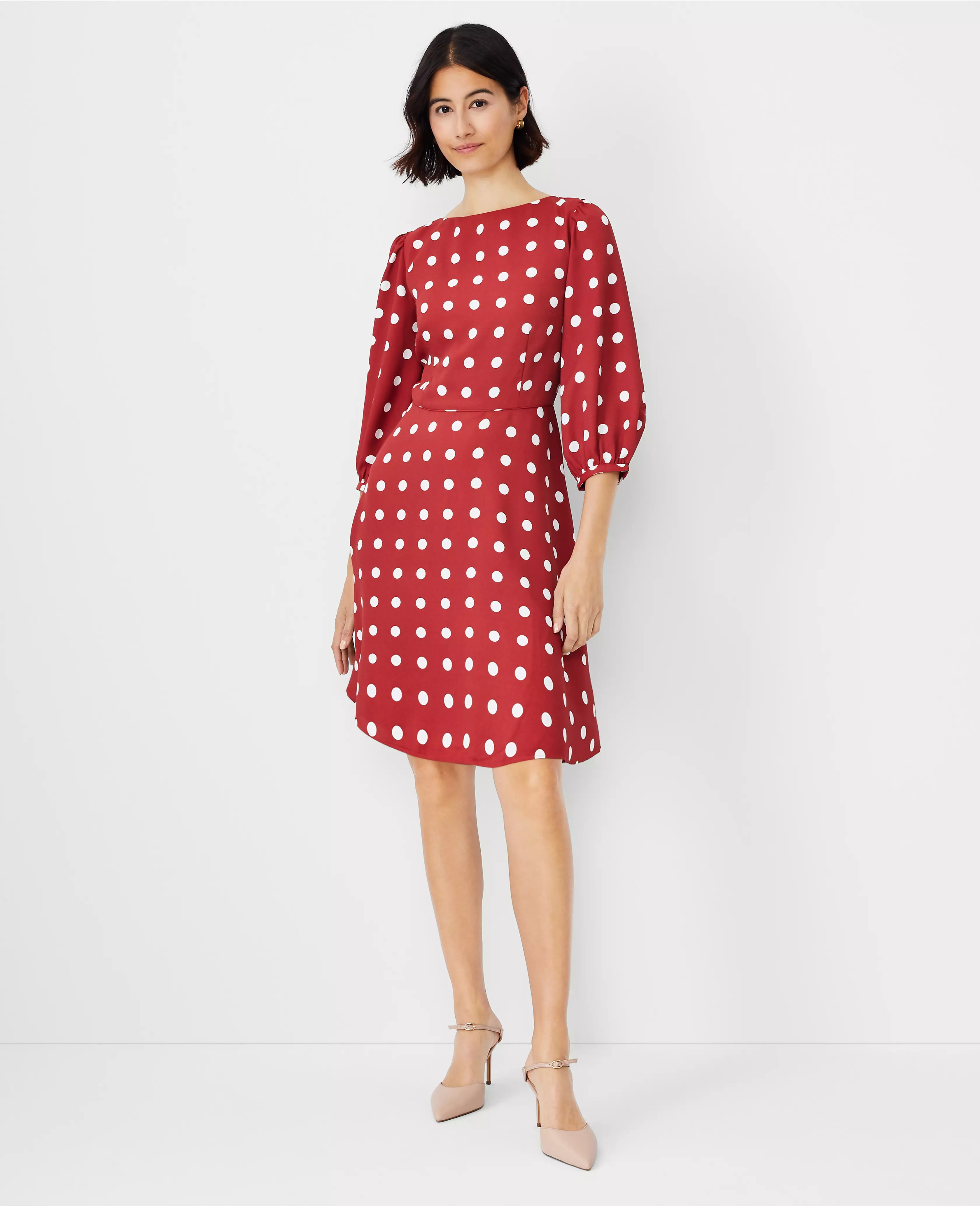 Dotted Boatneck Flare Dress | Ann Taylor (US)
