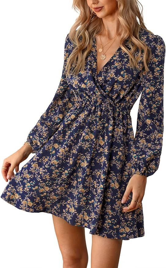 CUPSHE Women's Floral Ditsy Surplice V Neck Mini Summer Dress Long Peasant Sleeve Elastic Waist A... | Amazon (US)