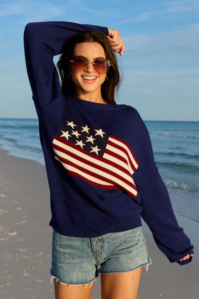 Home Of The Free Navy Textured Flag Sweater DOORBUSTER | Pink Lily