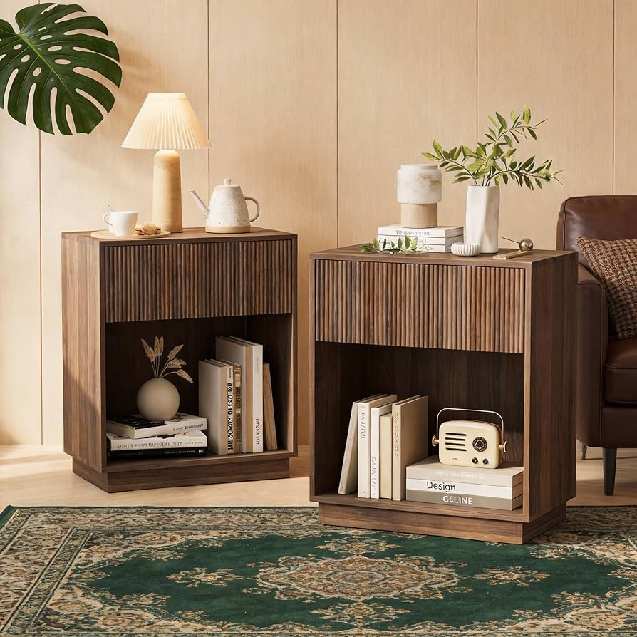 Fluted Nightstands Set of 2, Modern Bedside Table with Storage Drawer and Open Wood Shelf, Wood E... | Amazon (US)