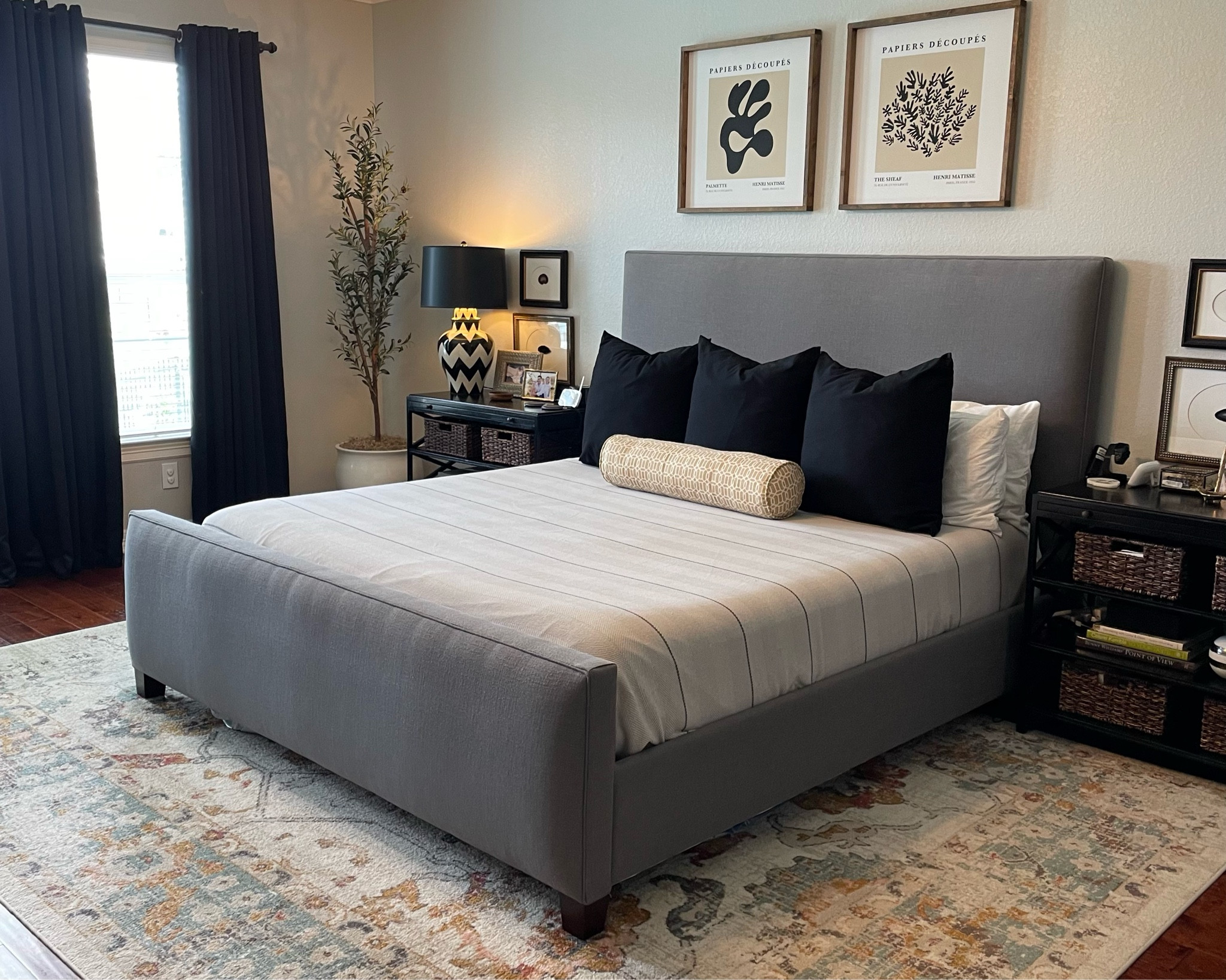 Black and white bedroom decor home interior design master bed rug art lamps faux olive tree

#LTKhome #LTKFind #LTKstyletip