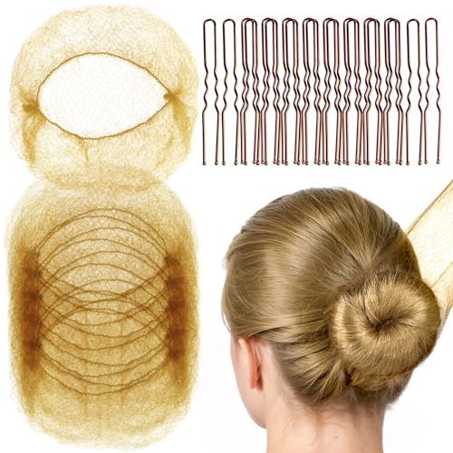 FANDAMEI 20PCS Hair Nets for Buns Invisible and 40PCS U Shaped Hair Pins Set, 20PCS 50cm Bun Nets for Ballet Girls and 40pcs Hair Bun Pins for Women, Girls, Kids Ballet Bun Maker Dance (Light Brown) | Amazon (US)