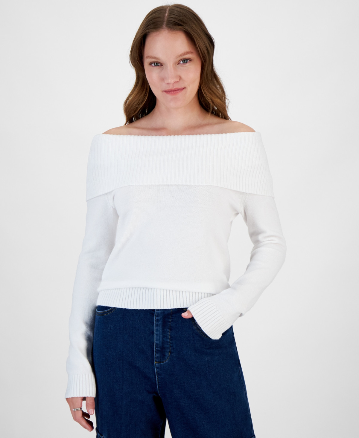Hippie Rose Juniors' Off-The-Shoulder Sweater - Bright White | Macy's