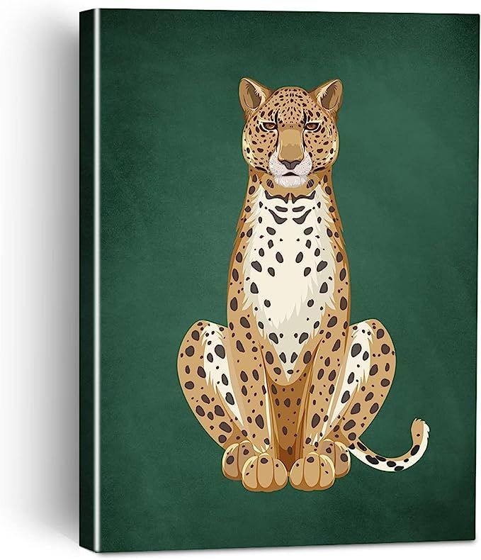 Funny Yellow Cheetah Green Background Canvas Painting Framed Wall Art Decor for Living Room Bedro... | Amazon (US)