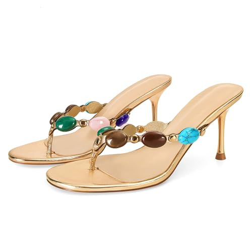 Amazon.com | Wnshonzy Women's Strappy Heeled Sandals Jewelled Thong Flip-Flop Kitten Heels Slip O... | Amazon (US)