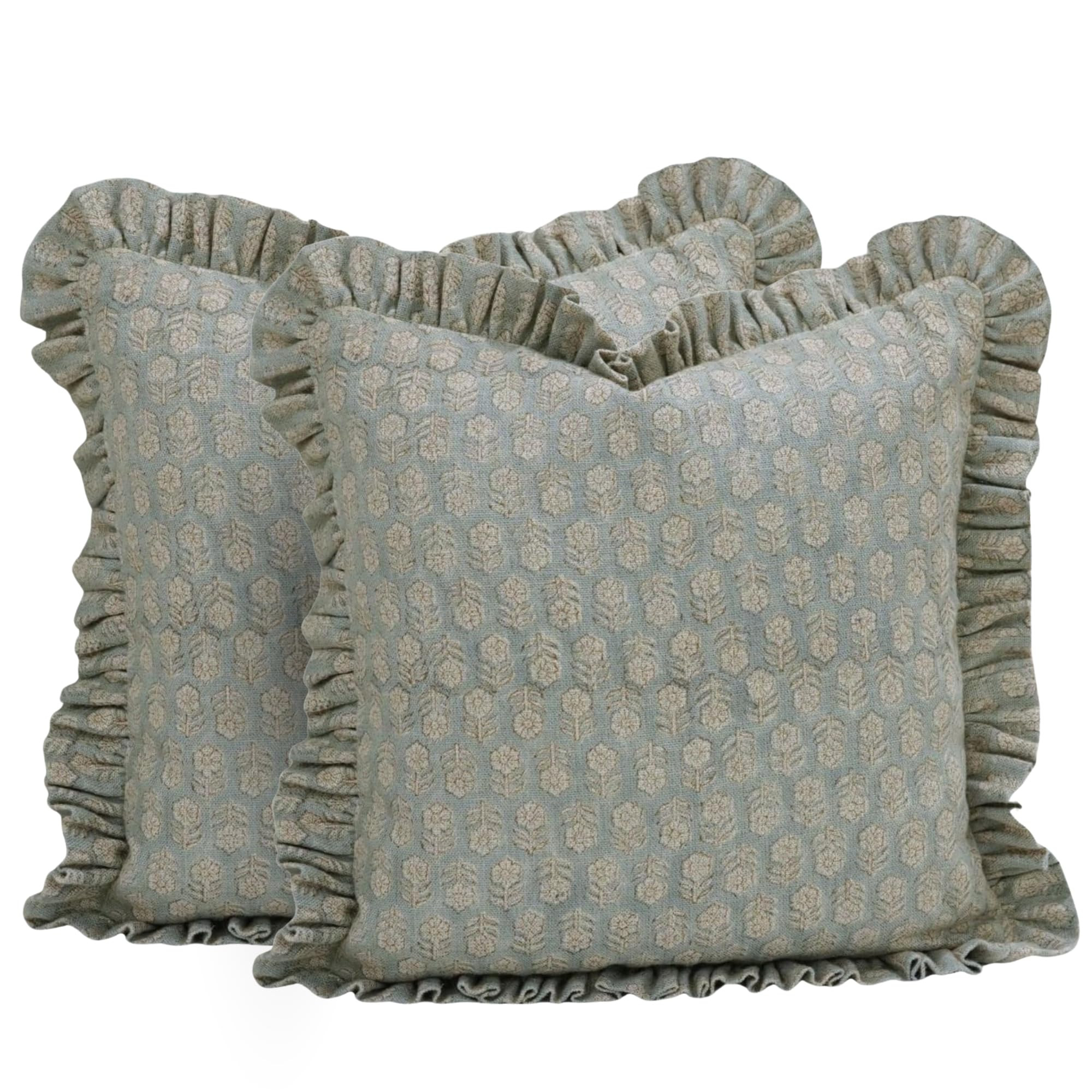 Handcarfted Double Side Block Floral Print Thick Linen 14x14 Inch Decorative Throw Frill Cushion ... | Amazon (US)