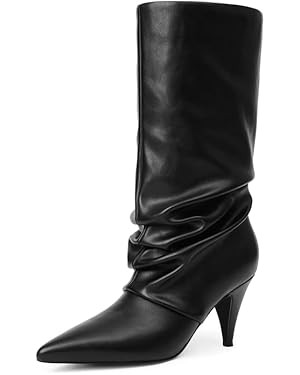 Modatope Slouchy Mid Calf Boots for Women Pointed Toe Chunky Heel Boots Faux Flod Over Slip on Wo... | Amazon (US)