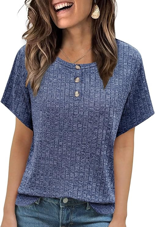 MixShe Womens Ribbed Knit Short Sleeve Tops Button Front Crew Neck Casual Lightweight Blouses | Amazon (US)