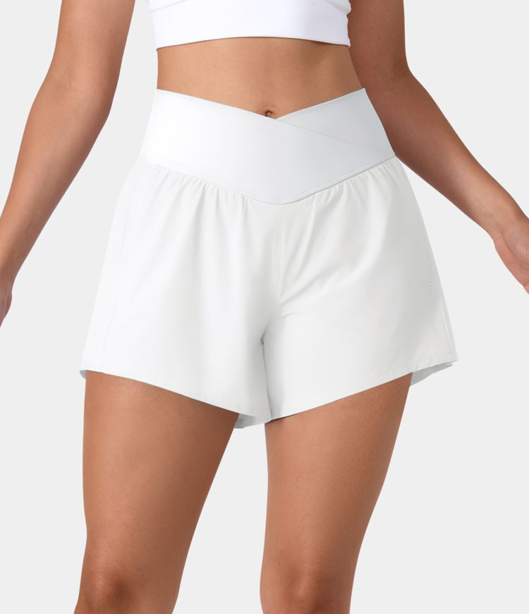 Breezeful™ High Waisted Crossover Side Pocket 2-in-1 Quick Dry Yoga Shorts 4" | HALARA