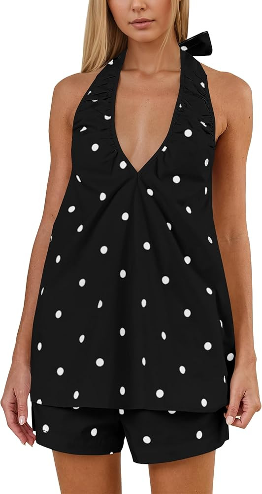 Meladyan Women's Polka Dot Shorts Set V Neck Tank 2 Piece Lounge Set Backless Halter Tops Matchin... | Amazon (US)