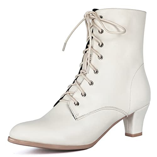 Cozivwaiy Women Vintage Victorian Boots 70s Lace up Ankle Boots Mid Heel Witch Granny Booties Costume Shoes Cone Heel Zipper Almond Toe Beige 9 | Amazon (US)