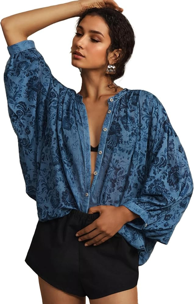 D-Sun Women Printed Shirts Button Down Blouses Long Sleeve Crewneck Lantern Batwing Casual Chiffo... | Amazon (US)