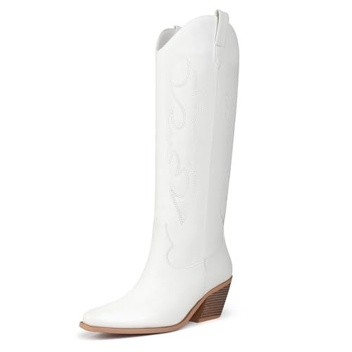 White Cowboy Boots for Women Knee High - Women's Tall Embroidered Cowboy Boots Chunky Heel Pointed Toe Western Country Boots | Amazon (US)