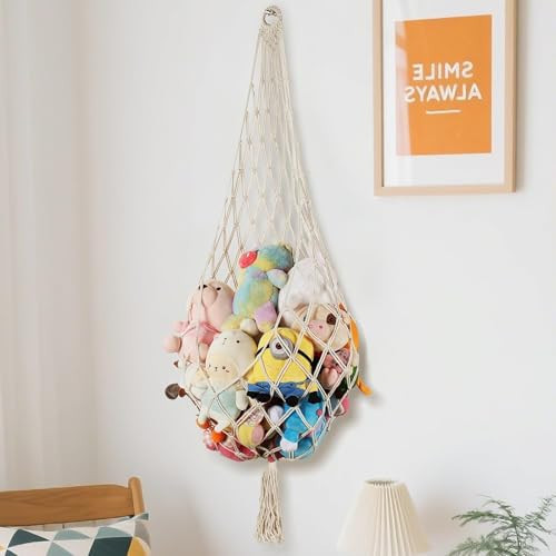 Aufee Stuffed Animal Storage, 5Ft Corner Hanging Stuffy Toy Hammock, Large Stuffed Animal Holder Organizer with Hooks, Macrame Plushie Net for Nursery Kids Playroom Bedroom Decoration (Cream) | Amazon (US)