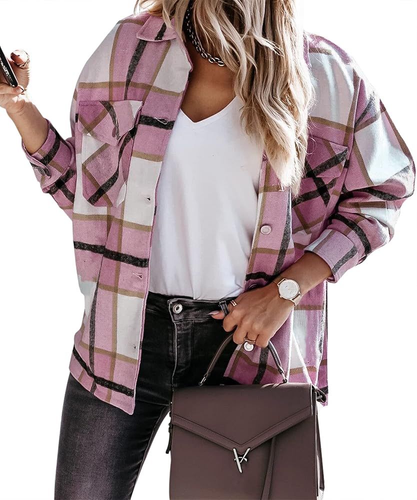Meladyan Women Plaid Flannel Long Sleeve Button Down Shacket Jacket Casual Loose Lapel Pocketed Shir | Amazon (US)