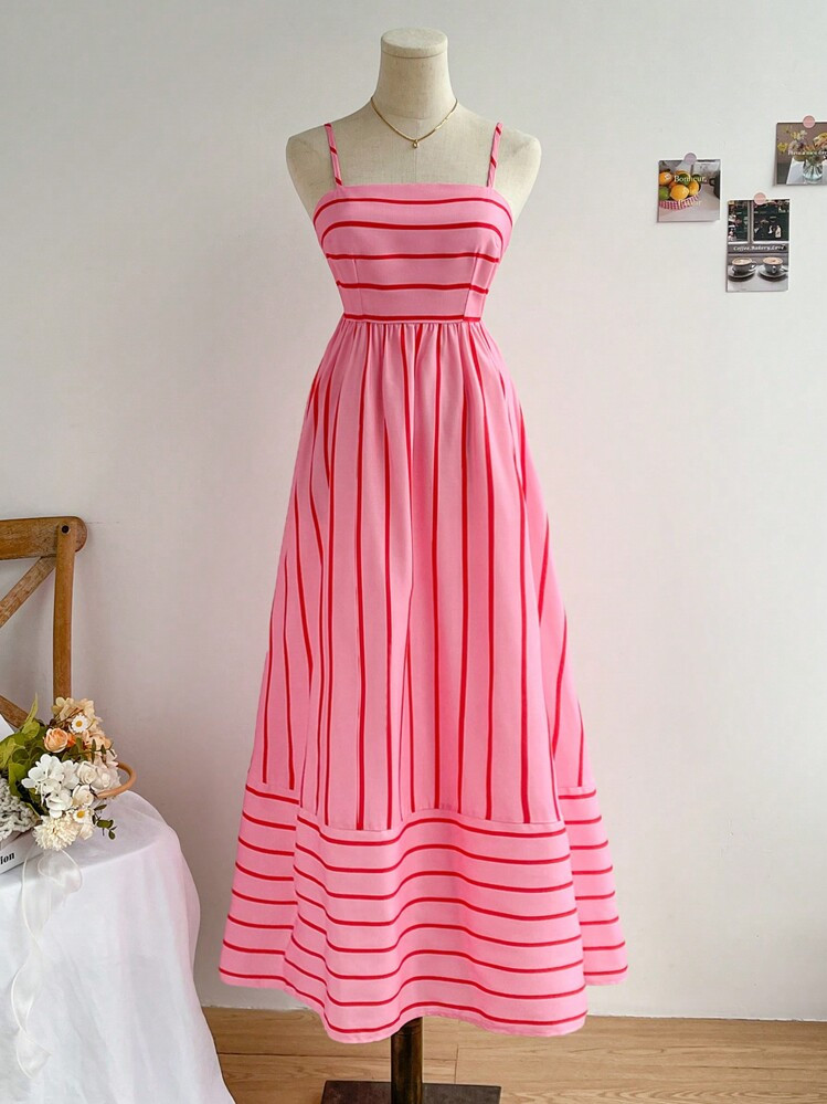 Soleia Vacation Beach Bowknot Backless Pink Dress With Spaghetti Straps | SHEIN