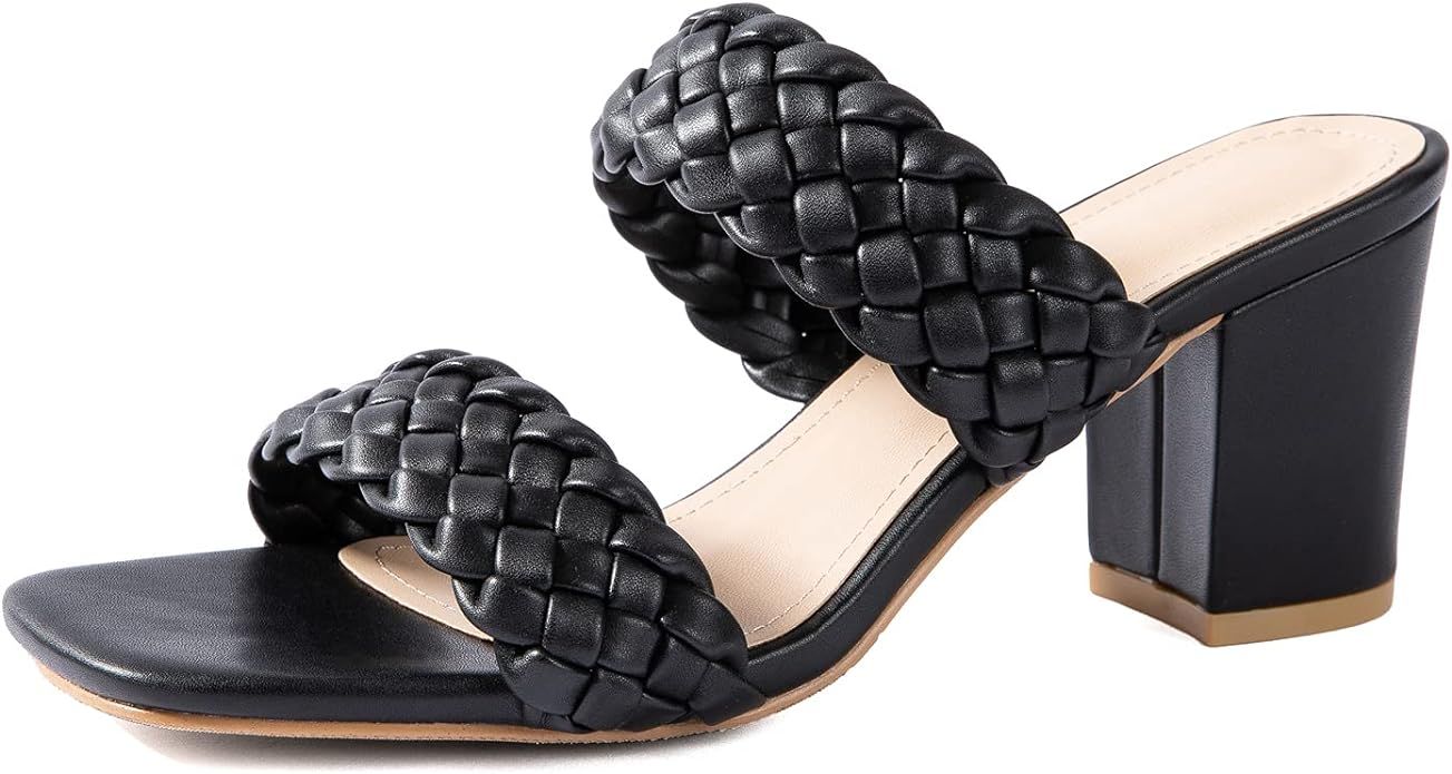 Women Heeled Sandals Woven Block Square-toe Leather Comfortable Strappy Casual Sandals | Amazon (US)