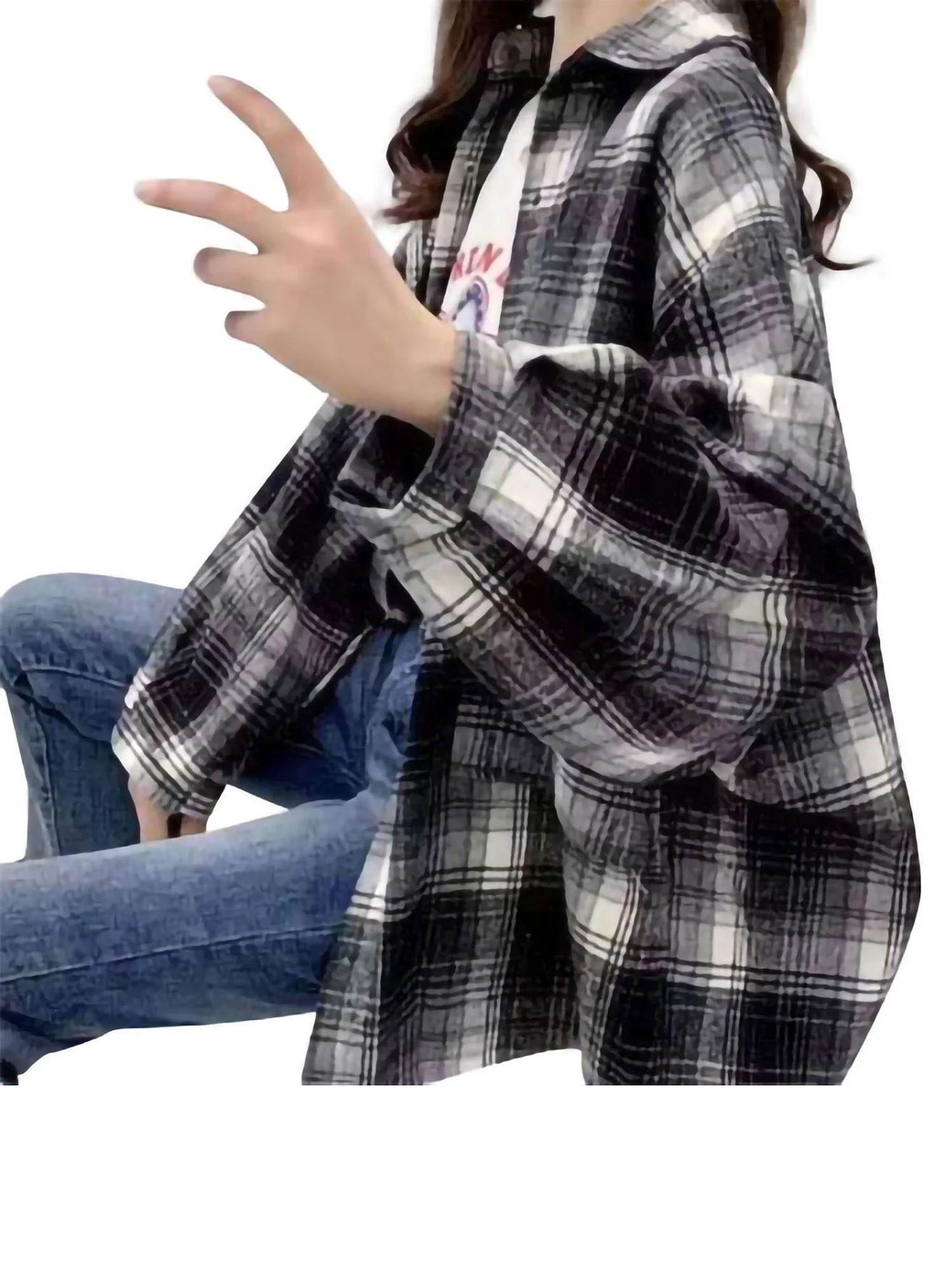 Lady Stylish Loose Fit Turn Down Collar Plaid Flannel Shirts Women Casual Long Sleeve Button Down... | Walmart (US)