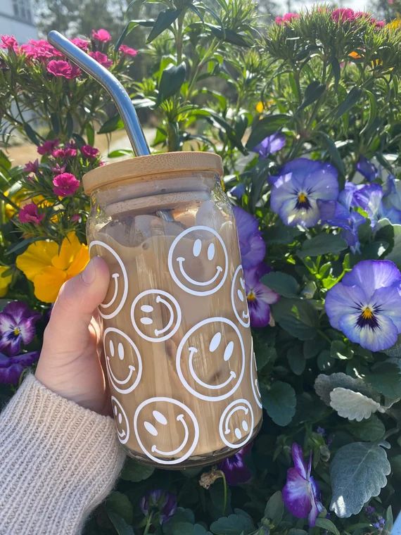 Happy Coffee Glass, Smiley Face Beer Can Glass, Emoji Face Drinkware, Be Happy Glass, Iced Coffee... | Etsy (US)