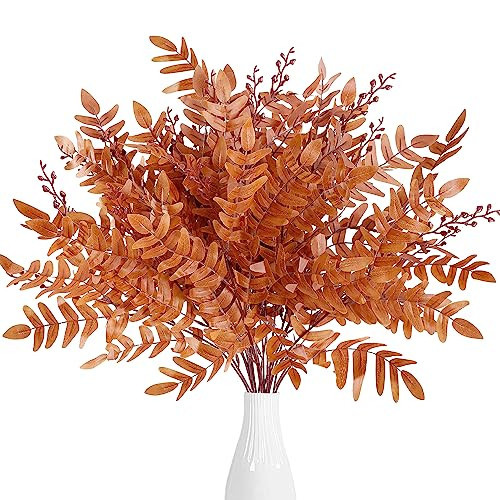Sggvecsy 4 Pack Artificial Fall Greenery Stem Autumn Faux Flowers Autumn Faux Plants Silk Fall Shrubs Bushes Fall Leaves Stem for Indoor Outdoor Home Table Centerpieces Thanksgiving Decoration（Orange） | Amazon (US)