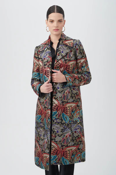 RAYSUN BUTTERFLY JACQUARD MIDI COAT | Trina Turk