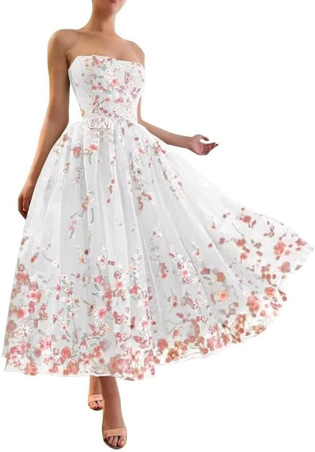 Jamille Tea Length Prom Dresses for Women Formal Floral Gowns with Pocket Long Embroidery Tulle E... | Amazon (US)