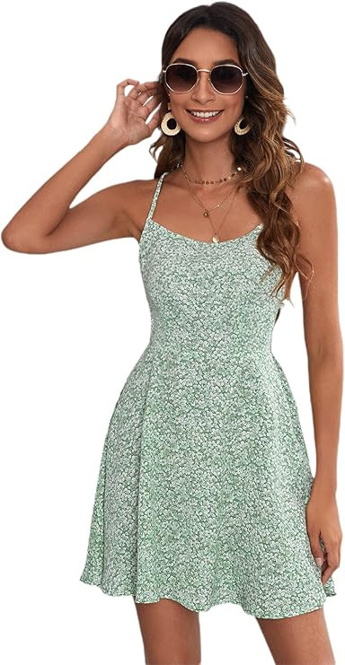 SheIn Women's Floral Backless Skater Mini Dress Sleeveless Round Neck Crisscross Flare Dresses Bo... | Amazon (US)