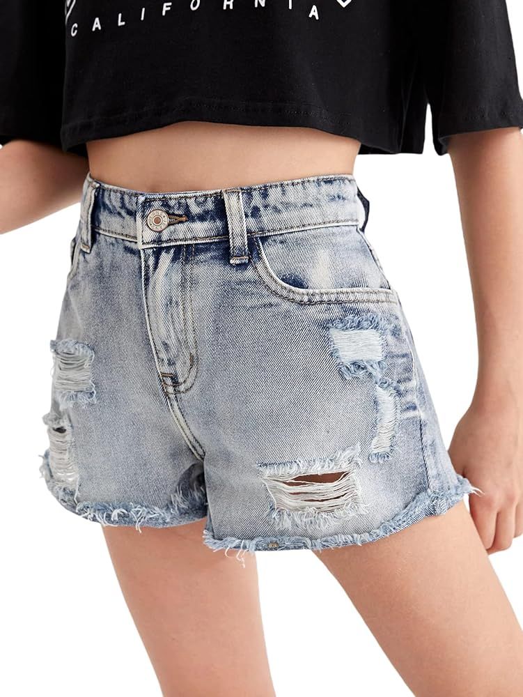 Floerns Girls Ripped Raw Hem Jeans High Waisted Wide Leg Denim Shorts | Amazon (US)