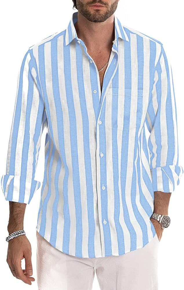 Men's Casual Long Short Sleeve Button-Down Shirts Striped Cotton Dress Shirt with Pocket | Amazon (US)