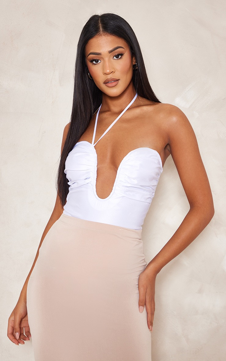 Tall White Halterneck Plunge Satin Bodysuit | PrettyLittleThing UK