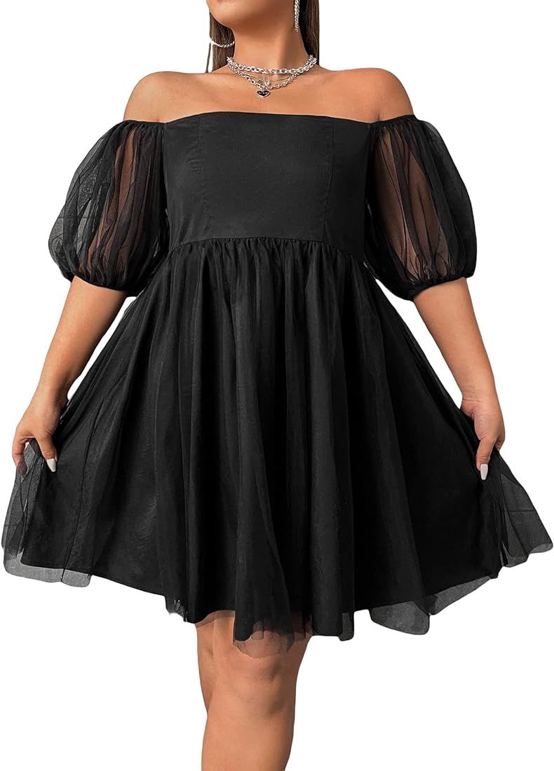 WDIRARA Women's Plus Size Mesh Puff Sleeve Square Neck Ruffle Hem Solid A Line Short Dress | Amazon (US)
