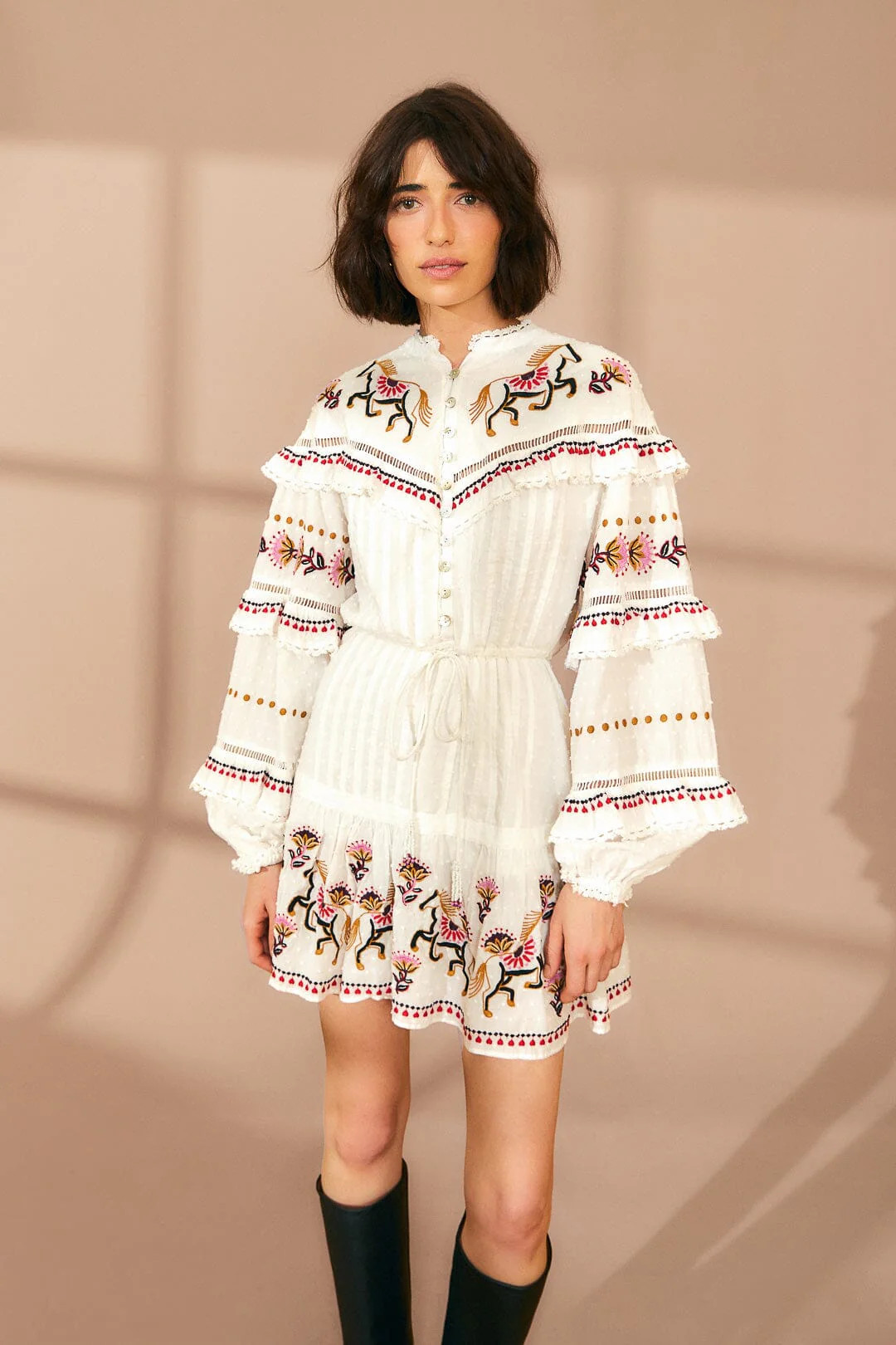 Off-White Embroidered Horses Ruffle Mini Dress | FarmRio (US)