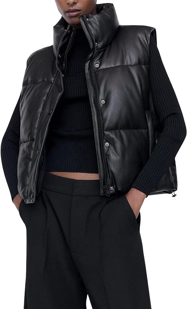 Womens Faux Leather Puffer Vest Zip Up Sleeveless Winter Cropped Jacket | Amazon (US)
