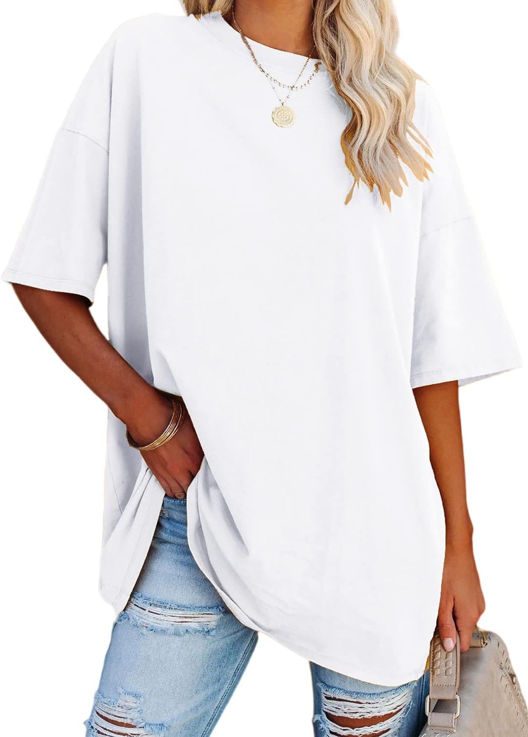 YEXIPO Women's Oversized T Shirts Summer Short Sleeve Loose Fit Casual Crewneck Plain Tunic Tops | Amazon (US)