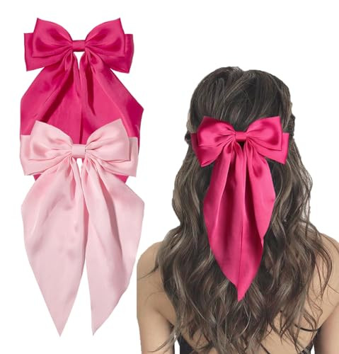 Furling Pompoms Hair Bows Clip, Hot Pink Bow for Women's Hair - 2 Pack, Elegant Satin Bow Hair Accessories for Birthday, Wedding, Holidays | Amazon (US)