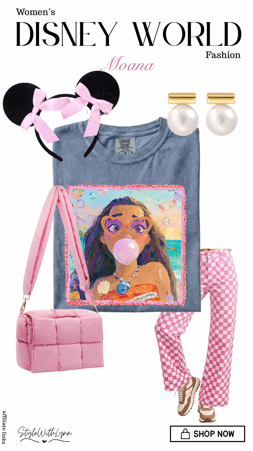 This look is giving island adventure meets pretty-in-pink and I am OBSESSED!  From the playful pink checkerboard pants to the soft blue Moana tee, pearl earrings, pink bag, and the sweetest Minnie ears, this is such a fun way to bring Moana inspired vibes to your Disney World wardrobe without going full costume. 🐚✨

✨ Follow for more Disney outfit inspiration, affordable finds and park-ready looks!

#DisneyOutfit #DisneyWorldOutfits #DisneyStyle #DisneyFashion #DisneyMom #MoanaInspired #MoanaOutfit #DisneyBounding #DisneyWorldFashion #DisneyOutfitIdeas #WhatToWearToDisney #DisneyParks #DisneyCreator #DisneyStyleInspiration #DisneyVacationOutfits #LTKCreator #ShopMyLook #DisneyMoms #MagicKingdomOutfit #EPCOTOutfit 

 #LTKootd #LTKmomlife #LTKTravel
