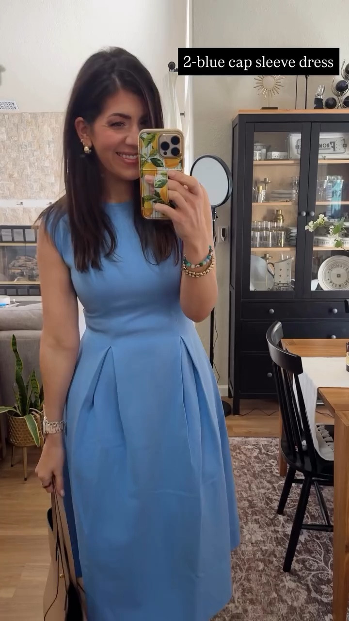 2-blue cap sleeve dress
In a medium 

#LTKTall #LTKWorkwear #LTKMidsize