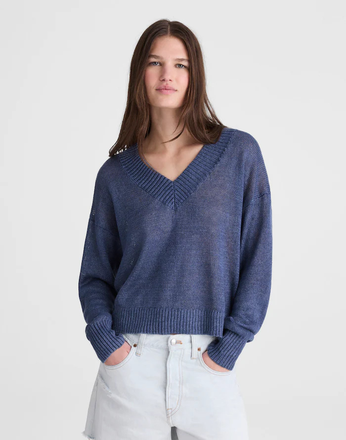 Deep V-Neck Sweater in 100% Linen | Madewell
