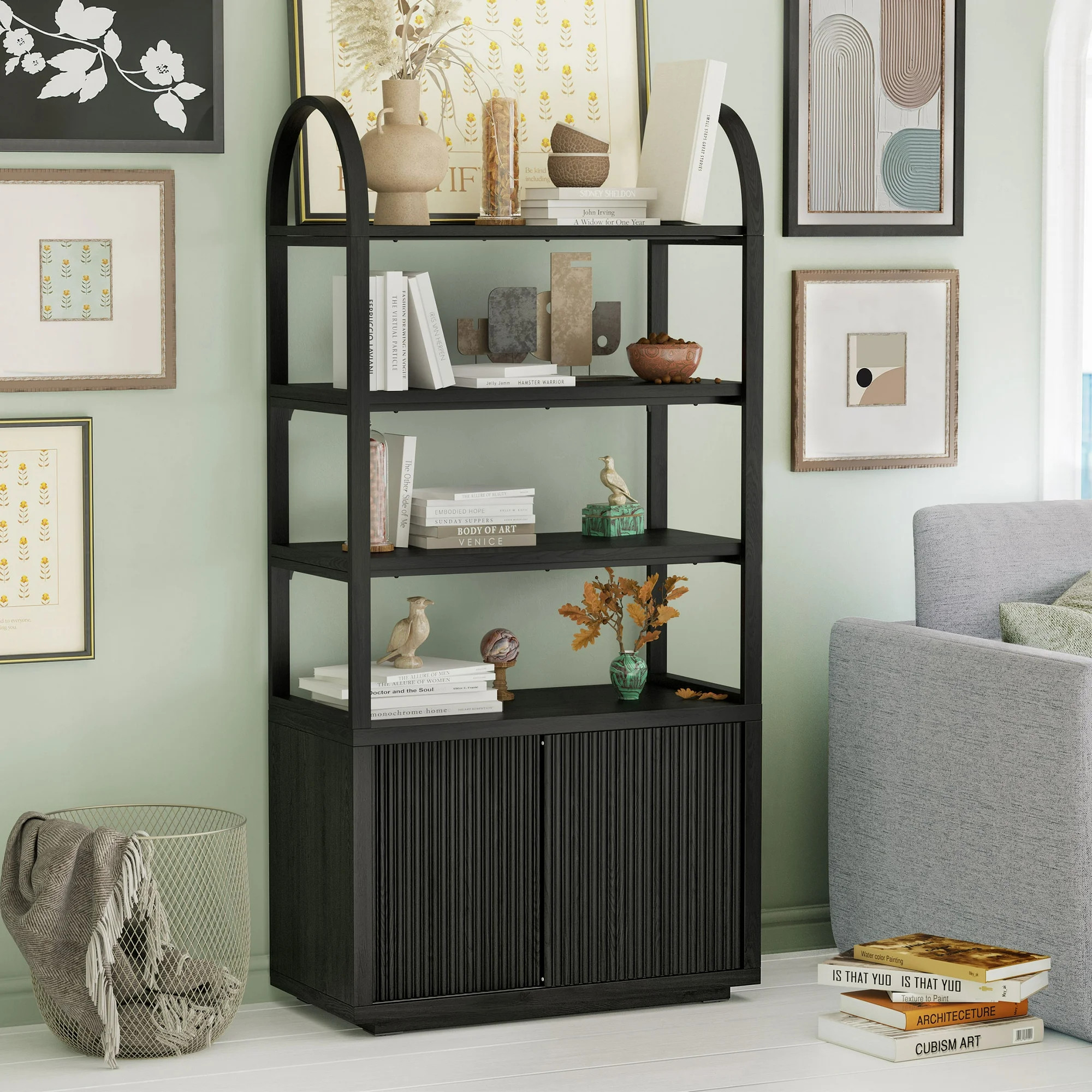 Beautiful Fluted 3-Shelf Bookcase with Storage Cabinet by Drew Barrymore, Rich Black Finish | Walmart (US)
