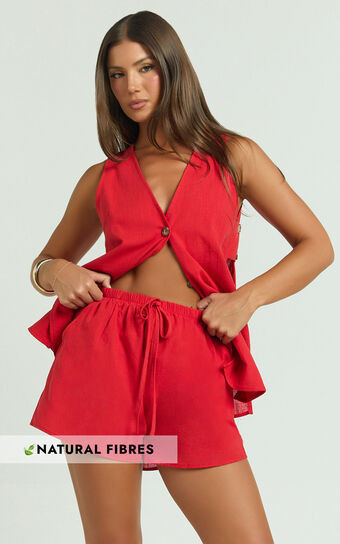Devon Two Piece Set - Open Side Detail Top & Short Linen Look Set in Red | Showpo (US, UK & Europe)