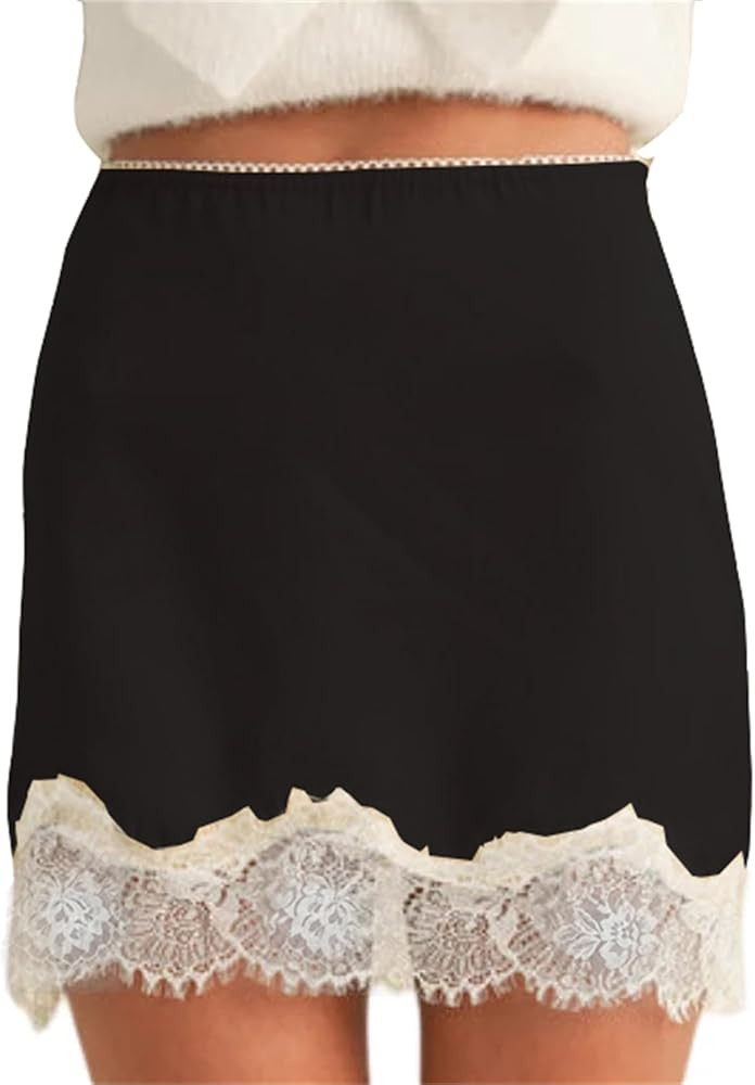 Women's Satin Lace Short Skirt Sexy Slim Fit Lace Patchwork Elastic Waist Half Slip Mini Skirts Y... | Amazon (US)