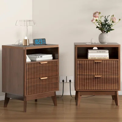 Nightstand Set Of 2, Bed Side Table Set Of 2 With Charging Station, Fluted Wood Night Stand, 25.4'' X 19.7'' W X 15'' D (Set Of 2) | Wayfair North America